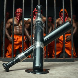 A large black baseball bat wrapped in transparent plastic, dripping clear oil, laid on the ground, positioned behind prison bars