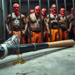 A large black baseball bat wrapped in transparent plastic, dripping clear oil, laid on the ground, positioned behind prison bars