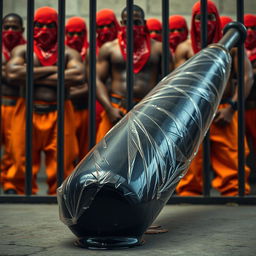 A large black baseball bat wrapped in transparent plastic, dripping clear oil, laid on the ground, positioned behind prison bars