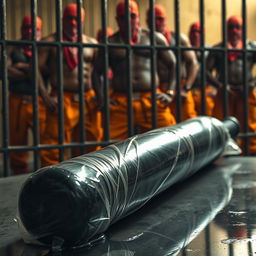 A large black baseball bat wrapped in transparent plastic, dripping clear oil, laid on the ground, positioned behind prison bars