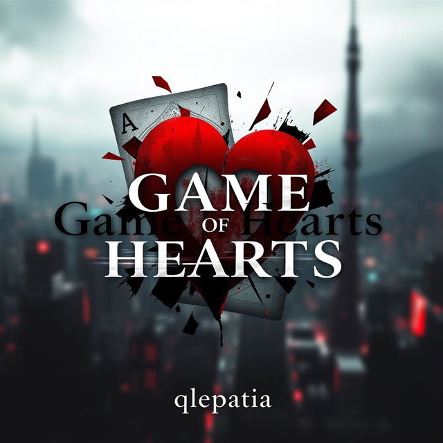 A striking abstract design for the cover of 'Game of Hearts', featuring a shattered playing card of the heart suit dominating the center