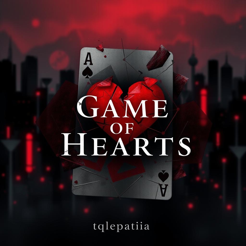 A striking abstract design for the cover of 'Game of Hearts', featuring a shattered playing card of the heart suit dominating the center