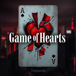 A striking abstract design for the cover of 'Game of Hearts', featuring a shattered playing card of the heart suit dominating the center