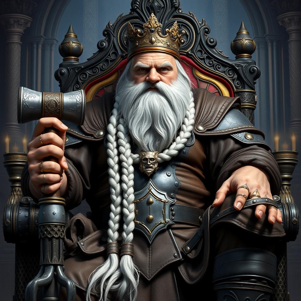 A majestic representation of King Garp Ironfoot, the imposing dwarven monarch, seated on his ornate throne within the grand Dwarven halls of Mar