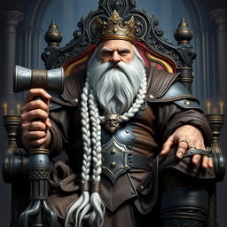 A majestic representation of King Garp Ironfoot, the imposing dwarven monarch, seated on his ornate throne within the grand Dwarven halls of Mar