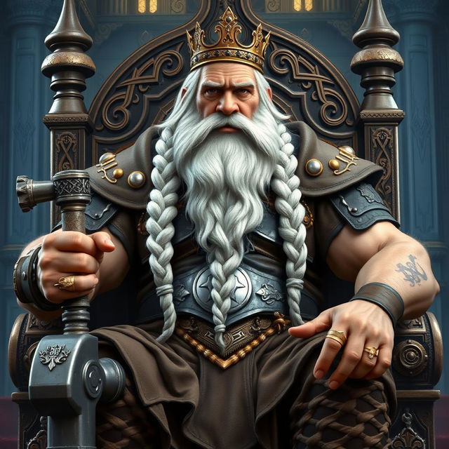 A majestic representation of King Garp Ironfoot, the imposing dwarven monarch, seated on his ornate throne within the grand Dwarven halls of Mar