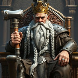 A majestic representation of King Garp Ironfoot, the imposing dwarven monarch, seated on his ornate throne within the grand Dwarven halls of Mar