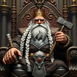A majestic representation of King Garp Ironfoot, the imposing dwarven monarch, seated on his ornate throne within the grand Dwarven halls of Mar