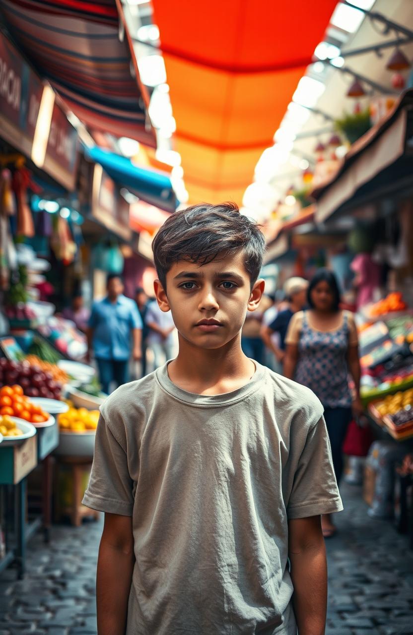 A teenage boy standing in the center of a bustling market, tears streaming down his face