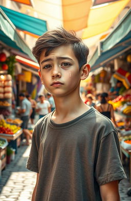 A teenage boy standing in the center of a bustling market, tears streaming down his face