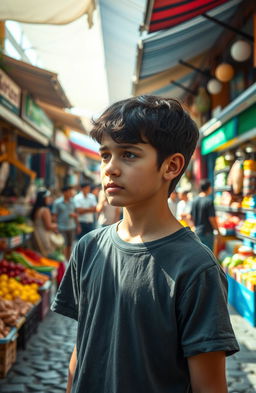 A teenage boy standing in the center of a bustling market, tears streaming down his face