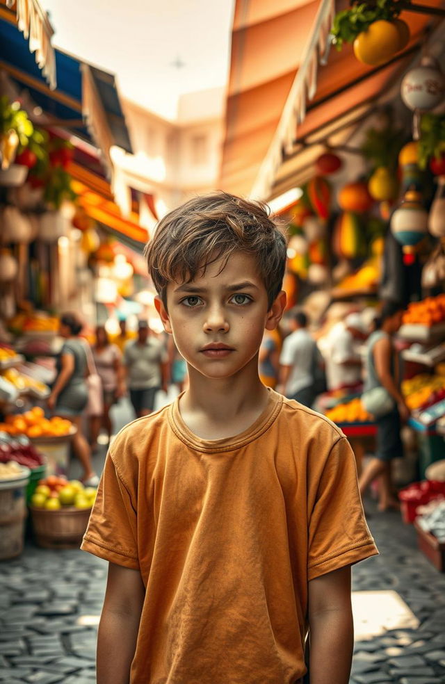 A teenage boy standing in the center of a bustling market, tears streaming down his face