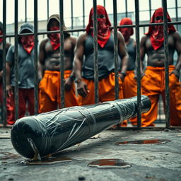 A large black baseball bat wrapped in plastic, dripping clear oil, laying on the ground