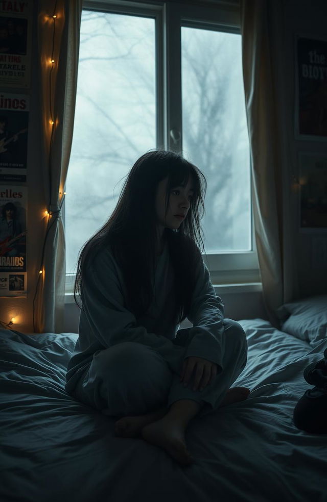 A melancholic teenage girl sitting alone on her bed in a dimly lit room