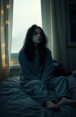 A melancholic teenage girl sitting alone on her bed in a dimly lit room