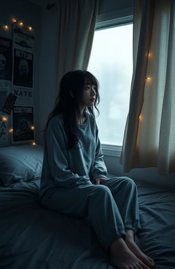A melancholic teenage girl sitting alone on her bed in a dimly lit room