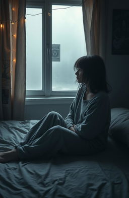 A melancholic teenage girl sitting alone on her bed in a dimly lit room