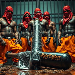 A large black baseball bat wrapped in plastic, dripping clear oil, is laying on the ground