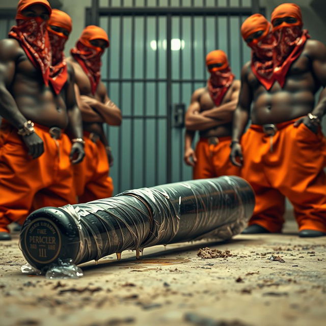 A large black baseball bat wrapped in plastic, dripping clear oil, is laying on the ground