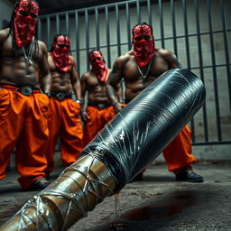 A large black baseball bat wrapped in plastic, dripping clear oil, is laying on the ground