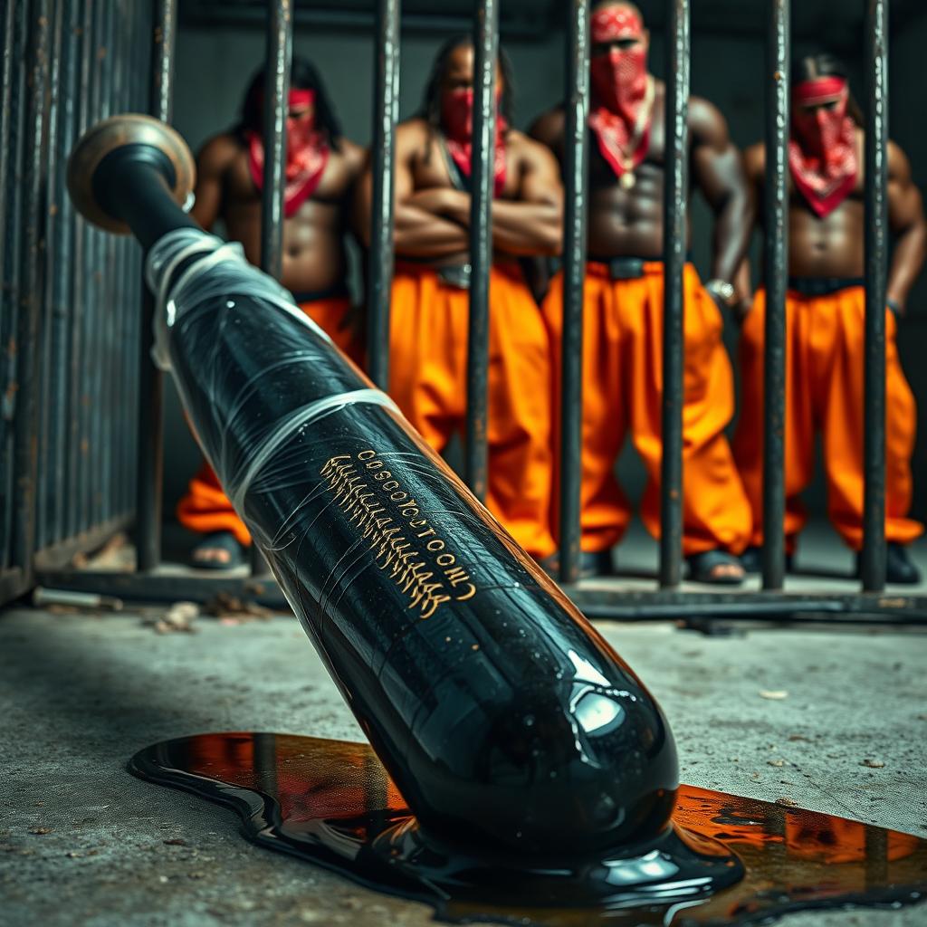 A large black baseball bat wrapped in plastic, dripping clear oil, laying on the ground behind prison bars