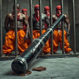 A large black baseball bat wrapped in plastic, dripping clear oil, laying on the ground behind prison bars
