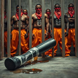 A large black baseball bat wrapped in plastic, dripping clear oil, laying on the ground behind prison bars