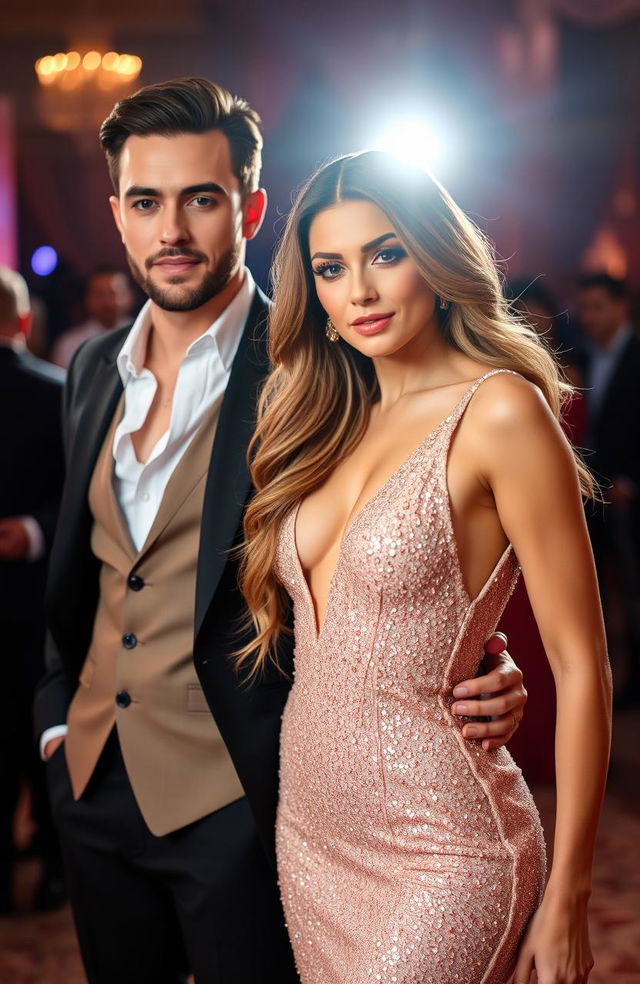 A glamorous couple at an upscale event, featuring a woman in a sexy, form-fitting glittery dress that sparkles under the lights