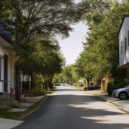 A street-level view of a quiet 1-lane neighborhood road during the day, with a few cars parked and no visible human traffic.