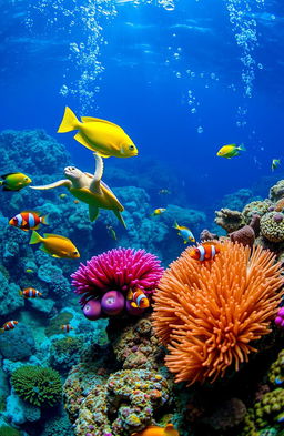 A vibrant underwater scene showcasing a diverse array of sea creatures including colorful tropical fish, graceful sea turtles, and anemones with clownfish