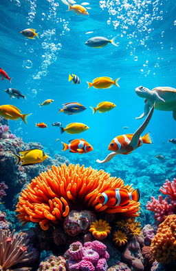 A vibrant underwater scene showcasing a diverse array of sea creatures including colorful tropical fish, graceful sea turtles, and anemones with clownfish