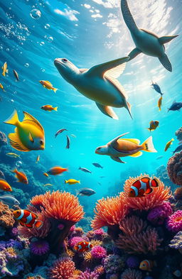 A vibrant underwater scene showcasing a diverse array of sea creatures including colorful tropical fish, graceful sea turtles, and anemones with clownfish