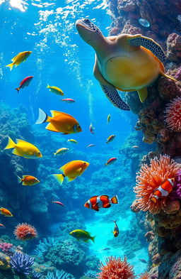 A vibrant underwater scene showcasing a diverse array of sea creatures including colorful tropical fish, graceful sea turtles, and anemones with clownfish