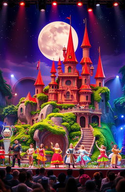 A vibrant, imaginative stage set design that brings to life a fantastical world, featuring an elaborate castle with whimsical architecture, lush greenery surrounding it, and colorful flowers