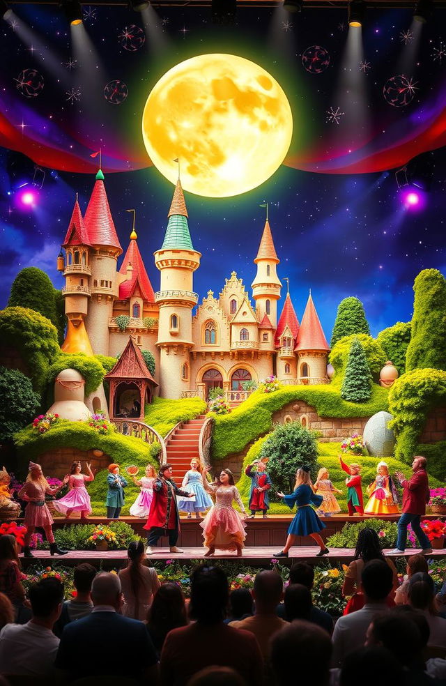 A vibrant, imaginative stage set design that brings to life a fantastical world, featuring an elaborate castle with whimsical architecture, lush greenery surrounding it, and colorful flowers