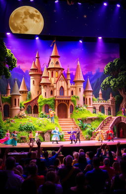 A vibrant, imaginative stage set design that brings to life a fantastical world, featuring an elaborate castle with whimsical architecture, lush greenery surrounding it, and colorful flowers