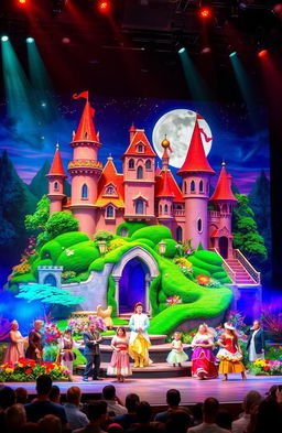 A vibrant, imaginative stage set design that brings to life a fantastical world, featuring an elaborate castle with whimsical architecture, lush greenery surrounding it, and colorful flowers