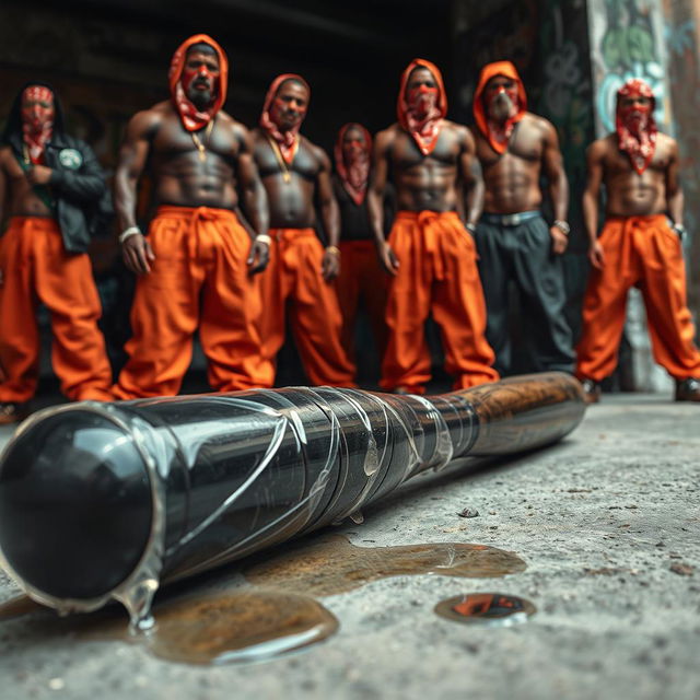 A large black baseball bat wrapped in translucent plastic, drizzling clear oil, lying on the ground