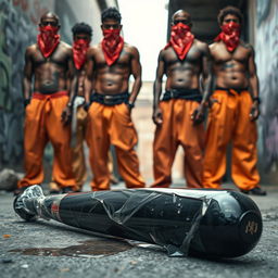 A large black baseball bat wrapped in translucent plastic, drizzling clear oil, lying on the ground