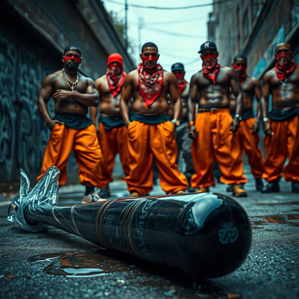 A large black baseball bat wrapped in translucent plastic, drizzling clear oil, lying on the ground