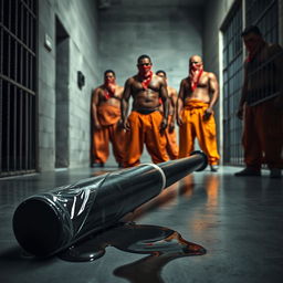 A large black baseball bat wrapped in plastic, dripping clear oil, laying on the cold floor of a prison cell