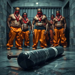 A large black baseball bat wrapped in plastic, dripping clear oil, laying on the cold floor of a prison cell