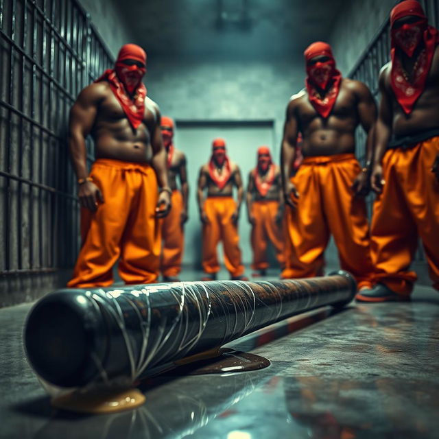 A large black baseball bat wrapped in plastic, dripping clear oil, laying on the cold floor of a prison cell