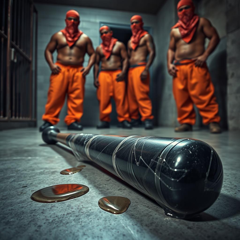 A large black baseball bat wrapped in plastic, dripping clear oil, laying on the cold floor of a prison cell