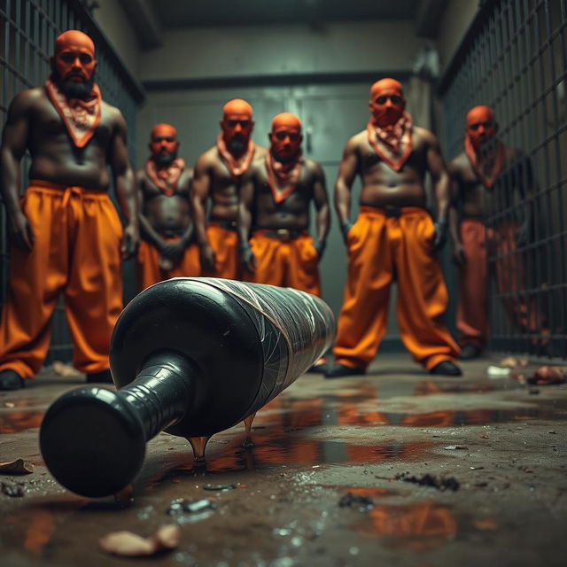 A large black baseball bat wrapped in plastic, dripping clear oil, laying on the ground in a gritty prison cell