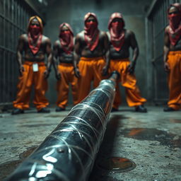 A large black baseball bat wrapped in plastic, dripping clear oil, laying on the ground in a gritty prison cell
