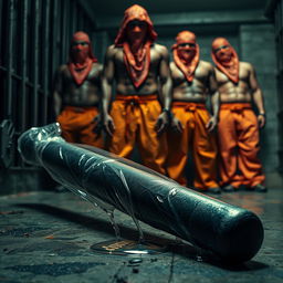 A large black baseball bat wrapped in plastic, dripping clear oil, laying on the ground in a gritty prison cell