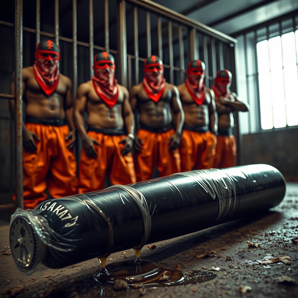 A large black baseball bat wrapped in plastic, dripping clear oil, laying on the ground in a gritty prison cell