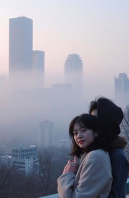 A serene, misty cityscape of Seoul at dusk, featuring tall buildings softened by a gentle fog