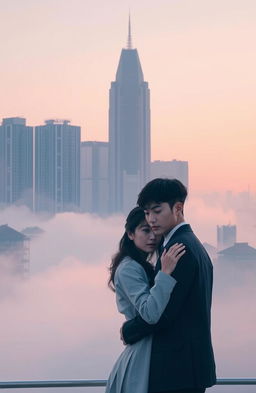 A serene, misty cityscape of Seoul at dusk, featuring tall buildings softened by a gentle fog